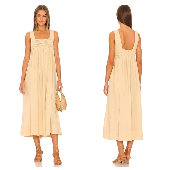 Free People Delphine Midi Dress in Pampas Beige Smocked 20158 - Picture 1 of 8
